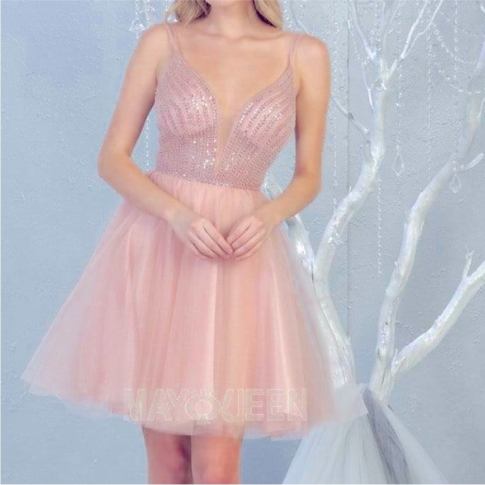 May Queen Pink Embellished Tiered Prom Dress